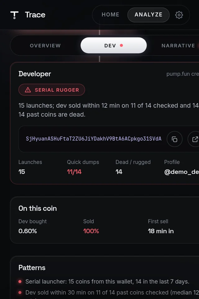Trace popup dev tab listing the creator’s past coins
